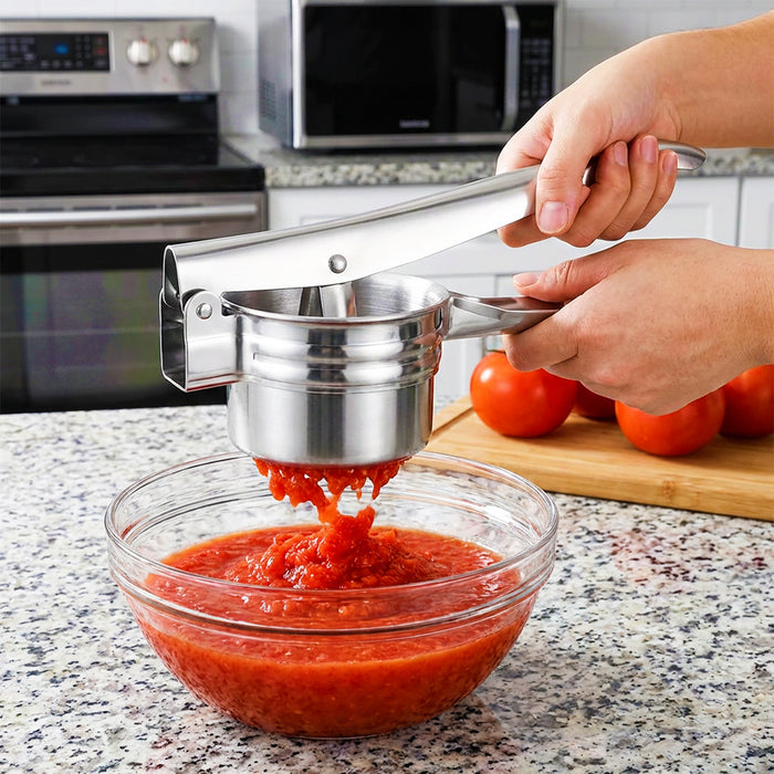 Stainless Steel Potato Ricer Masher Vegetable Fruit Puree Juice Presser Crusher Tool (with 3 Changeable Thickness Discs)