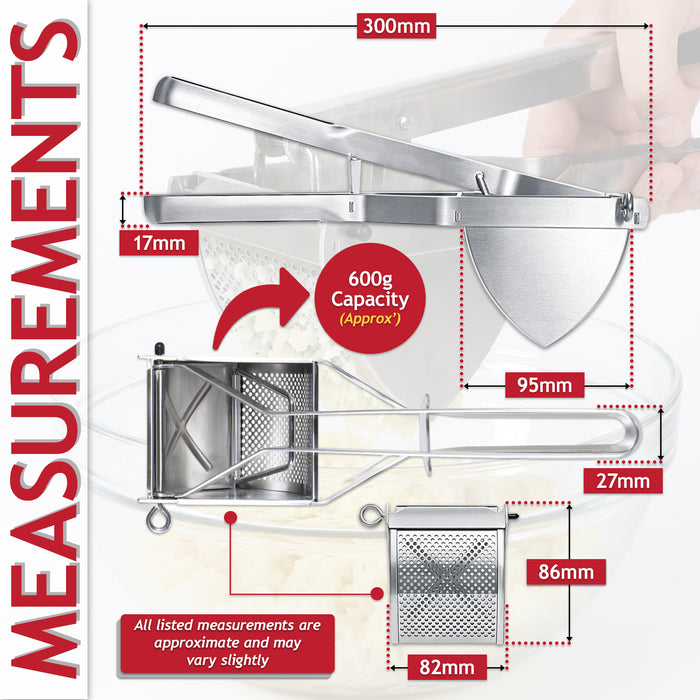 Stainless Steel Potato Ricer Masher Vegetable Fruit Puree Juice Food Presser Tool with Large Double Sided Mashing Basket