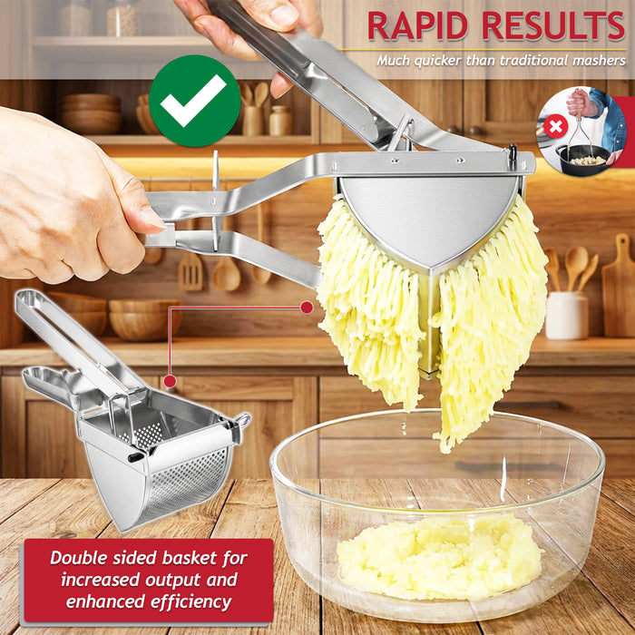 Stainless Steel Potato Ricer Masher Vegetable Fruit Puree Juice Food Presser Tool with Large Double Sided Mashing Basket