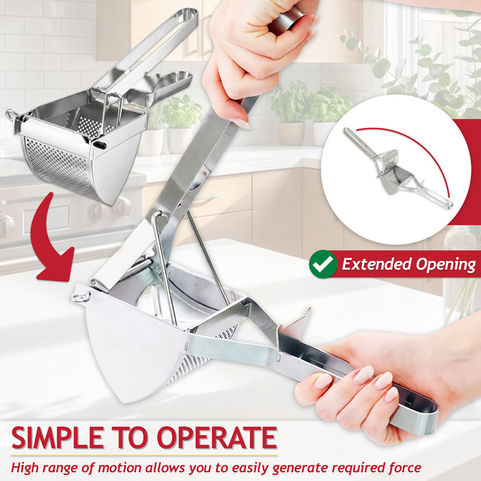 Stainless Steel Potato Ricer Masher Vegetable Fruit Puree Juice Food Presser Tool with Large Double Sided Mashing Basket