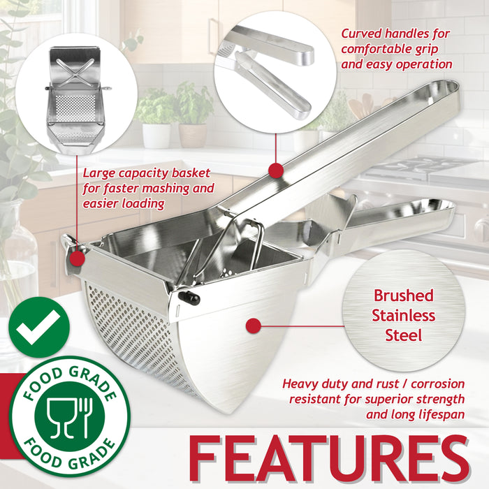 Stainless Steel Potato Ricer Masher Vegetable Fruit Puree Juice Food Presser Tool with Large Double Sided Mashing Basket