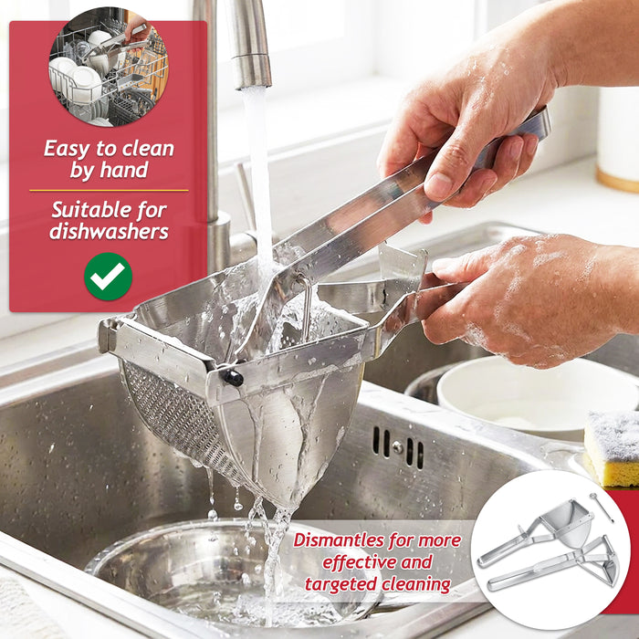 Stainless Steel Potato Ricer Masher Vegetable Fruit Puree Juice Food Presser Tool with Large Double Sided Mashing Basket