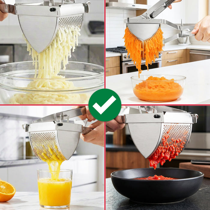 Stainless Steel Potato Ricer Masher Vegetable Fruit Puree Juice Food Presser Tool with Large Double Sided Mashing Basket