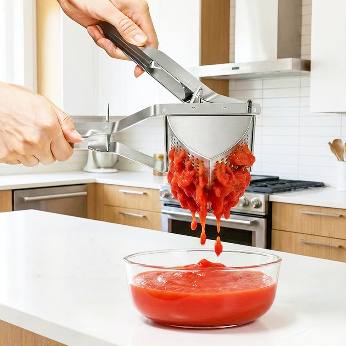 Stainless Steel Potato Ricer Masher Vegetable Fruit Puree Juice Food Presser Tool with Large Double Sided Mashing Basket