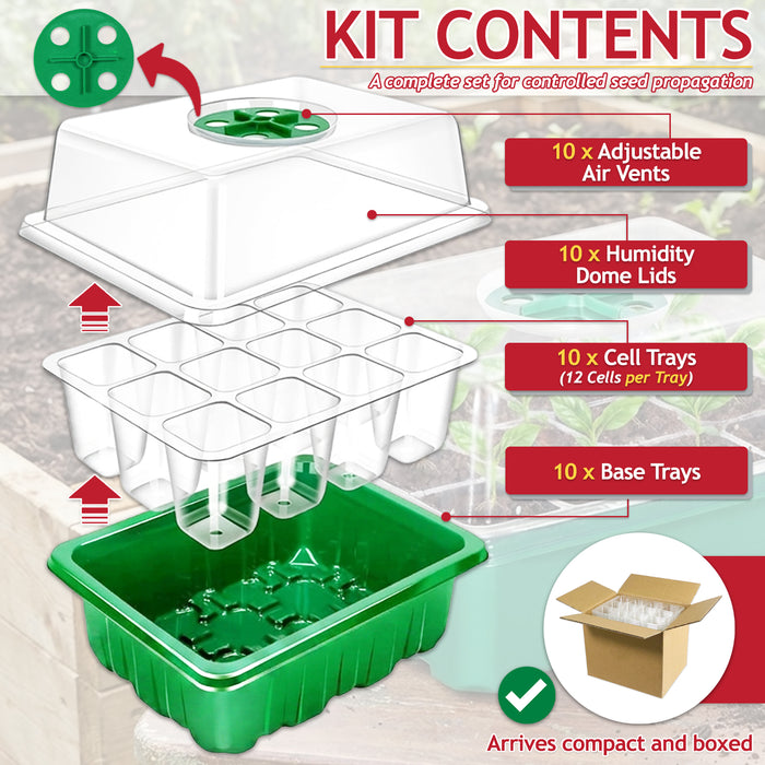 Seed Starting Propagator Tray Garden Plant Seedling Germination Starter Grow Kit (Pack of 10, 120 Cells)
