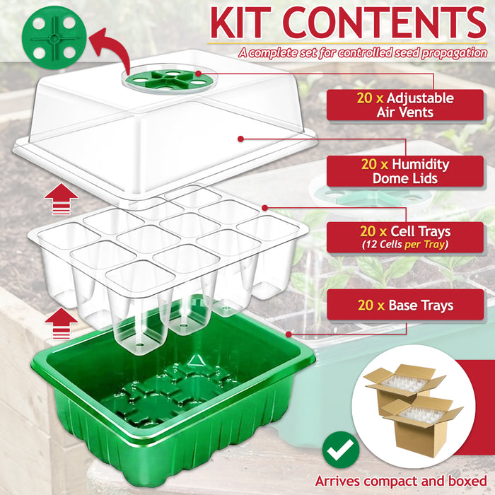 Seed Starting Propagator Tray Garden Plant Seedling Germination Starter Grow Kit (Pack of 20, 240 Cells)