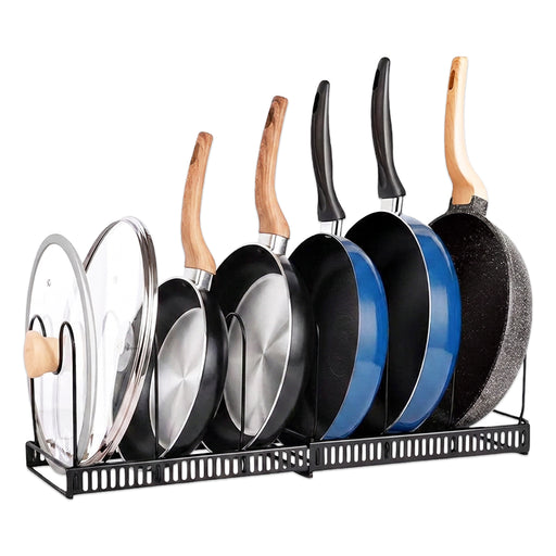 Expandable Pan Pot Rack Extendable Dual Use Kitchen Storage Organiser with Adjustable Dividers (Black)