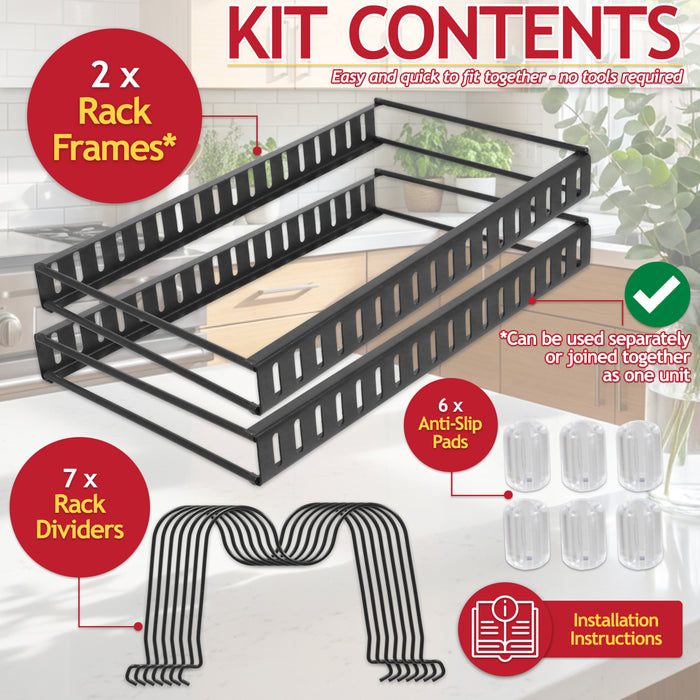 Expandable Pan Pot Rack Extendable Dual Use Kitchen Storage Organiser with Adjustable Dividers (Black)