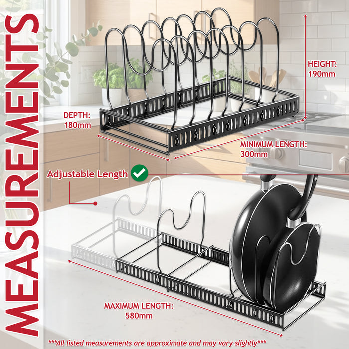 Expandable Pan Pot Rack Extendable Dual Use Kitchen Storage Organiser with Adjustable Dividers (Black)