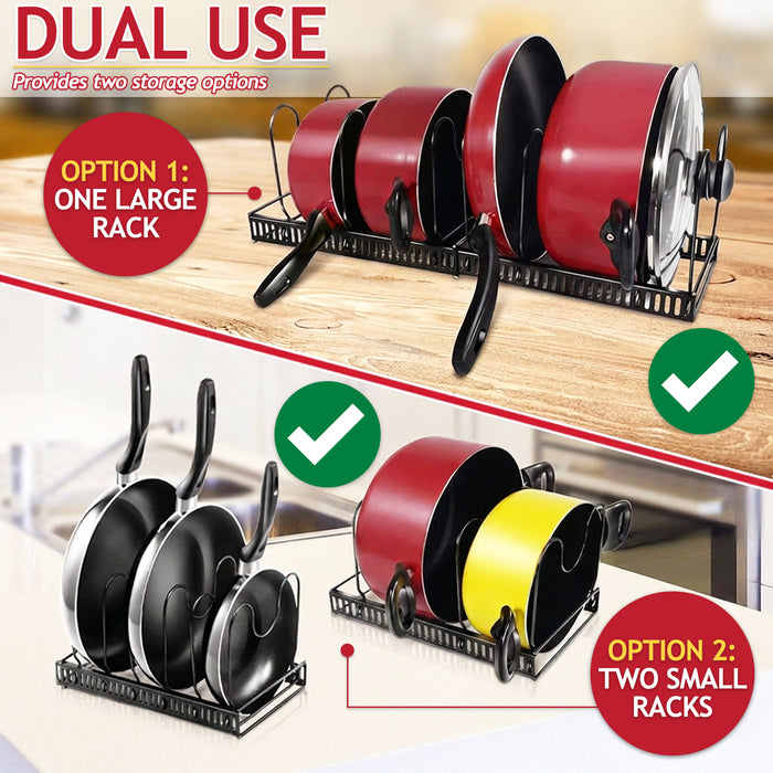 Expandable Pan Pot Rack Extendable Dual Use Kitchen Storage Organiser with Adjustable Dividers (Black)