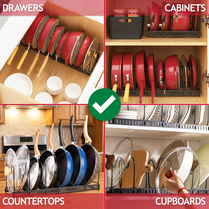 Expandable Pan Pot Rack Extendable Dual Use Kitchen Storage Organiser with Adjustable Dividers (Black)
