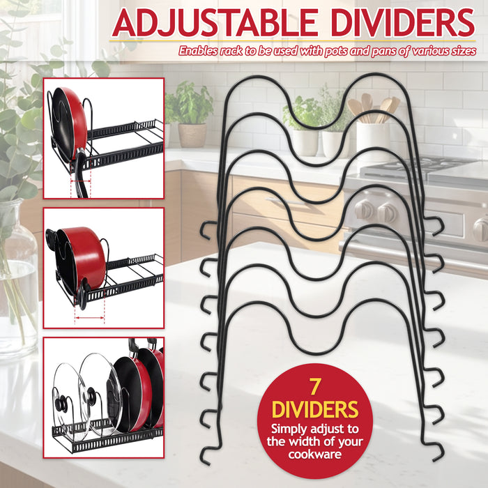 Expandable Pan Pot Rack Extendable Dual Use Kitchen Storage Organiser with Adjustable Dividers (Black)