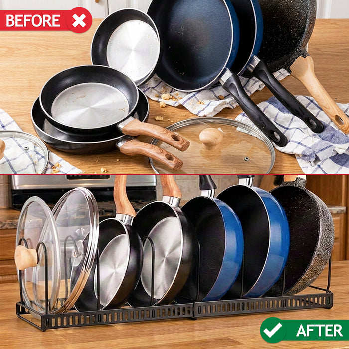 Expandable Pan Pot Rack Extendable Dual Use Kitchen Storage Organiser with Adjustable Dividers (Black)