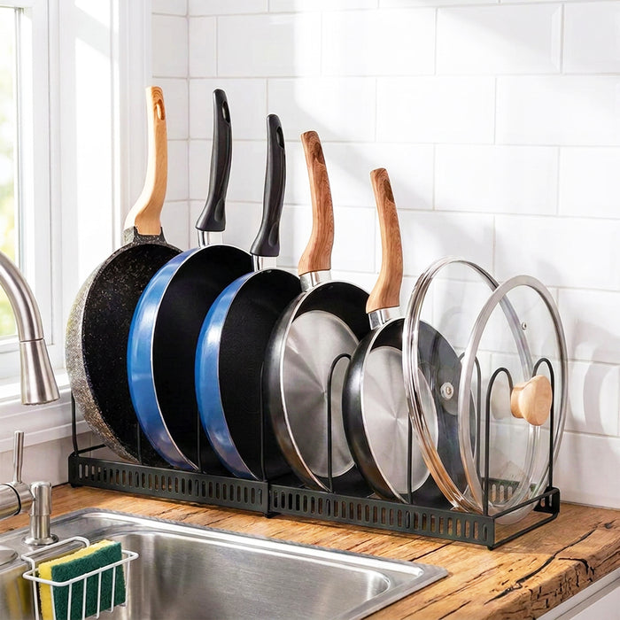 Expandable Pan Pot Rack Extendable Dual Use Kitchen Storage Organiser with Adjustable Dividers (Black)