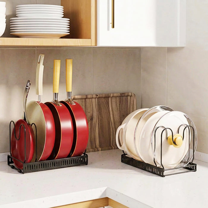 Expandable Pan Pot Rack Extendable Dual Use Kitchen Storage Organiser with Adjustable Dividers (Black)