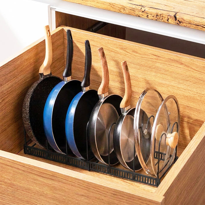 Expandable Pan Pot Rack Extendable Dual Use Kitchen Storage Organiser with Adjustable Dividers (Black)