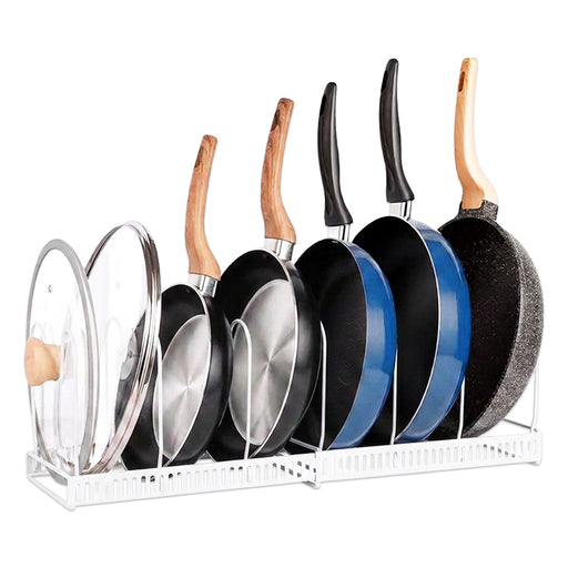 Expandable Pan Pot Rack Extendable Dual Use Kitchen Storage Organiser with Adjustable Dividers (White)