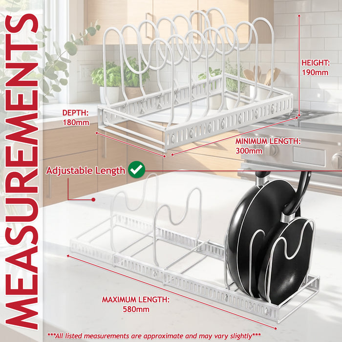 Expandable Pan Pot Rack Extendable Dual Use Kitchen Storage Organiser with Adjustable Dividers (White)