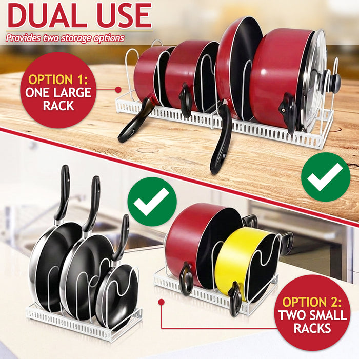 Expandable Pan Pot Rack Extendable Dual Use Kitchen Storage Organiser with Adjustable Dividers (White)