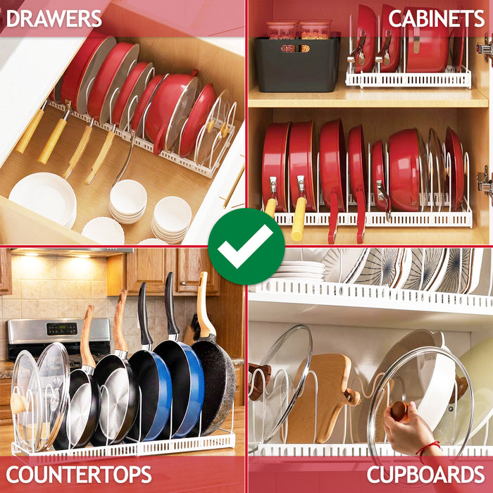 Expandable Pan Pot Rack Extendable Dual Use Kitchen Storage Organiser with Adjustable Dividers (White)