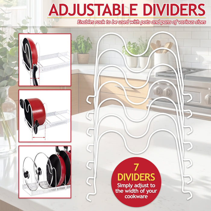 Expandable Pan Pot Rack Extendable Dual Use Kitchen Storage Organiser with Adjustable Dividers (White)