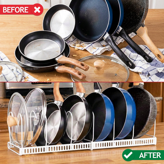 Expandable Pan Pot Rack Extendable Dual Use Kitchen Storage Organiser with Adjustable Dividers (White)
