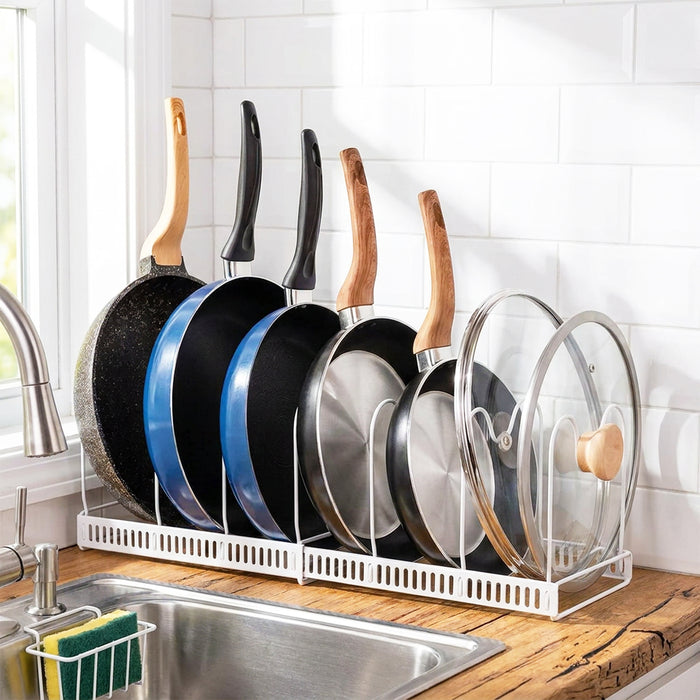 Expandable Pan Pot Rack Extendable Dual Use Kitchen Storage Organiser with Adjustable Dividers (White)