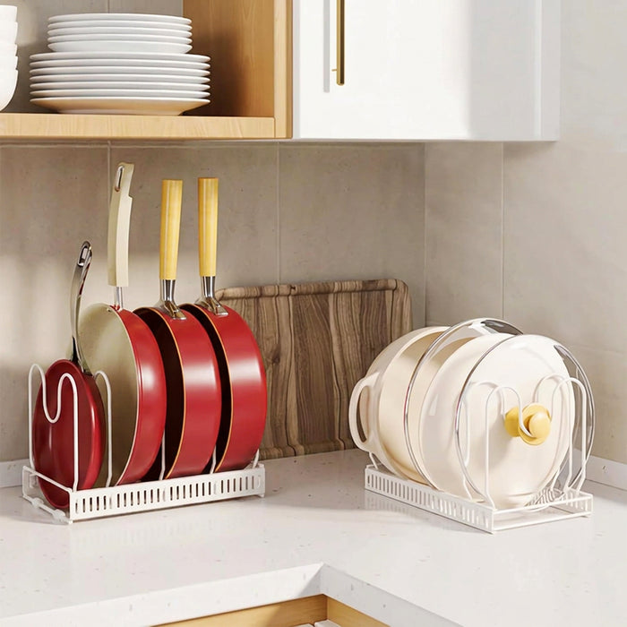 Expandable Pan Pot Rack Extendable Dual Use Kitchen Storage Organiser with Adjustable Dividers (White)