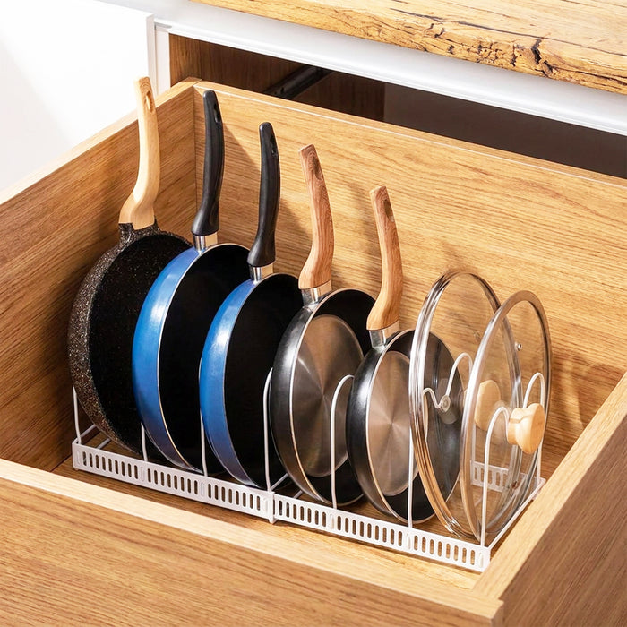 Expandable Pan Pot Rack Extendable Dual Use Kitchen Storage Organiser with Adjustable Dividers (White)