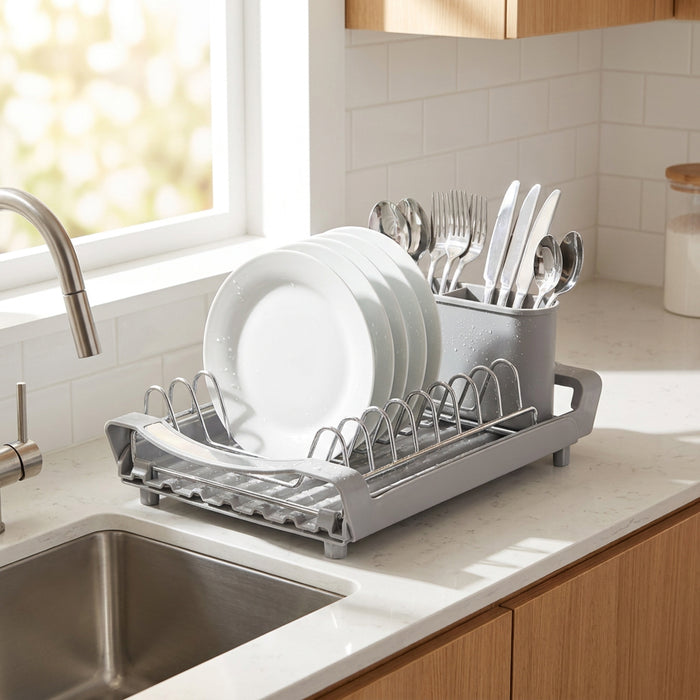 Compact Expandable Stainless Steel Dish Drainer Drying Sink Rack with Adjustable Extendable Length (Grey)