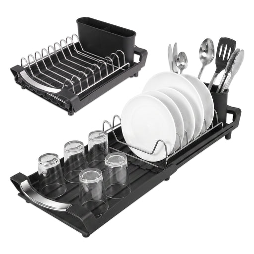 Compact Expandable Stainless Steel Dish Drainer Drying Sink Rack with Adjustable Extendable Length (Black)