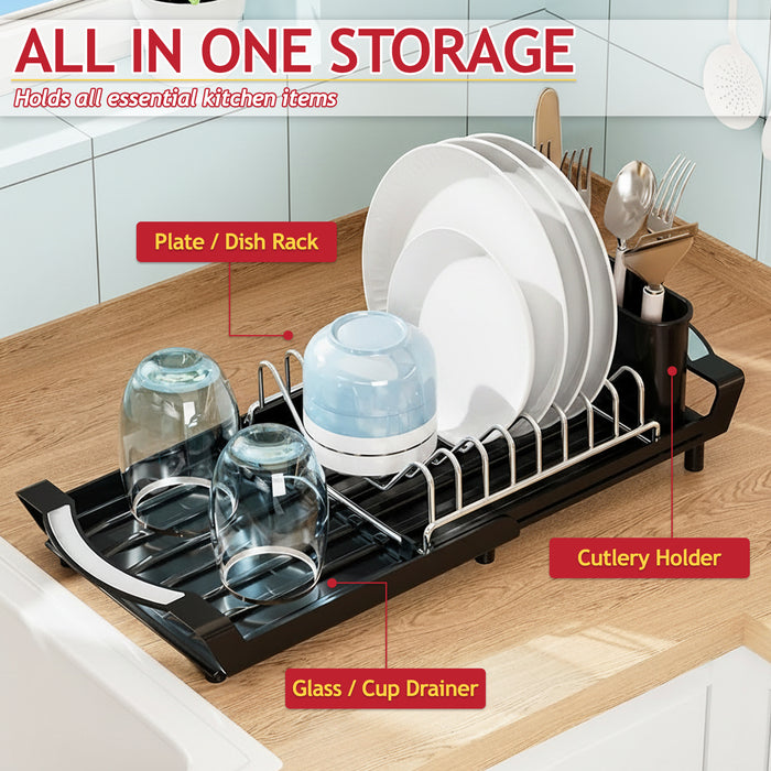 Compact Expandable Stainless Steel Dish Drainer Drying Sink Rack with Adjustable Extendable Length (Black)