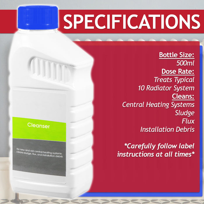 Central Heating Cleanser Concentrate Liquid (500ml Bottle) + Radiator Dosing Funnel Tool + Draining Tub