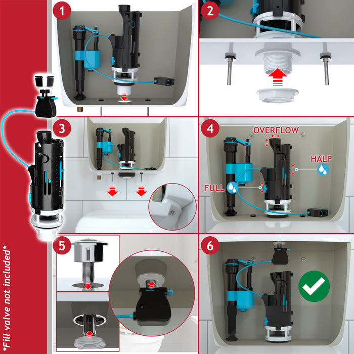Universal Dual Flush Toilet Valve 1.5" 2" WC Cistern Push Button Kit (300mm Cable)