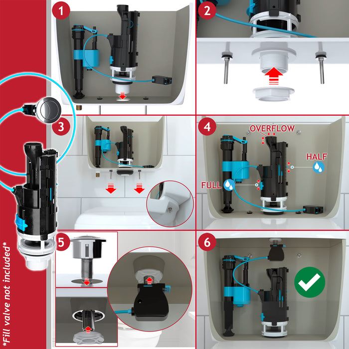 Universal Dual Flush Toilet Valve 1.5" 2" WC Cistern Push Button Kit (570mm Cable)