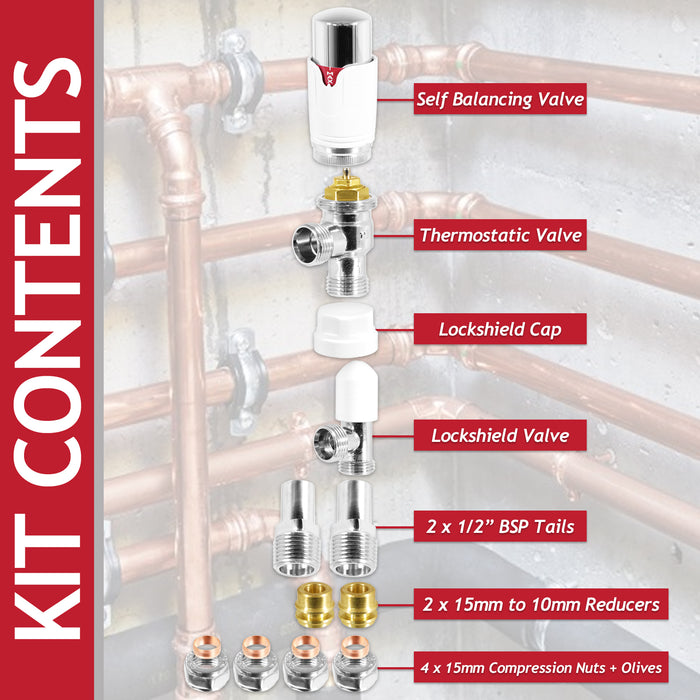Self Balancing TRV Kit 15mm Thermostatic Radiator Valve Lockshield Heating Temperature Regulating Flow Control Set