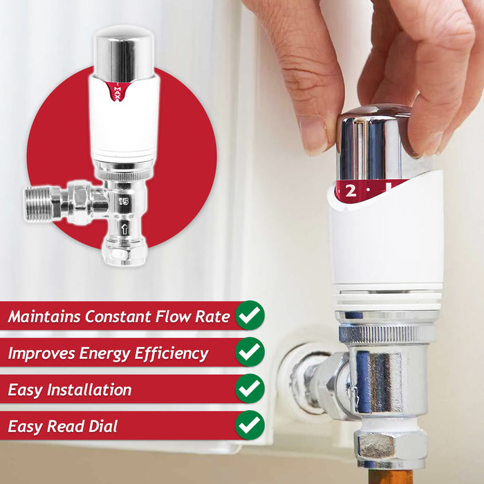 Self Balancing TRV Kit 15mm Thermostatic Radiator Valve Lockshield Heating Temperature Regulating Flow Control Set