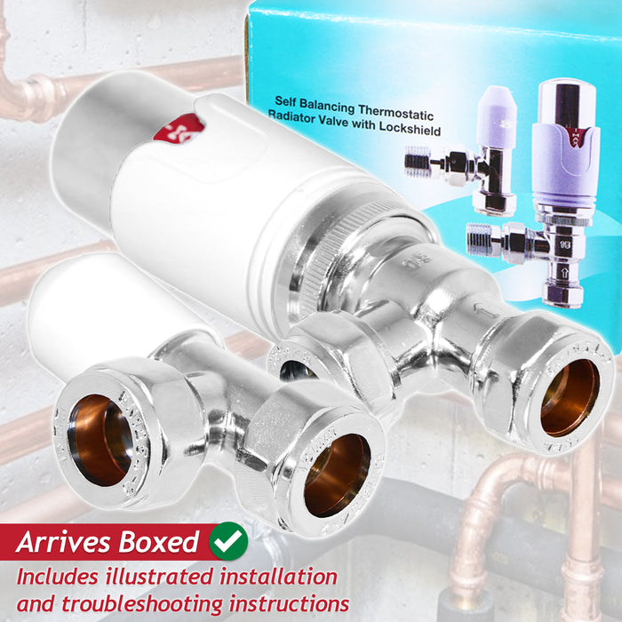 Self Balancing TRV Kit 15mm Thermostatic Radiator Valve Lockshield Heating Temperature Regulating Flow Control Set