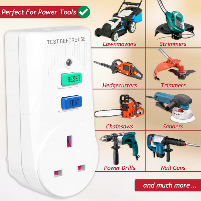 RCD Safety Plug Lawnmower Strimmer Hedgecutter Garden DIY Power Tool Trip Switch Adaptor (13A, 230-240V 50Hz, UK 3-Pin)