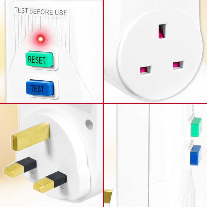 RCD Safety Plug Single Socket Circuit Breaker Electrical Power Trip Switch Adaptor (13A, 230-240V 50Hz, UK 3-Pin)