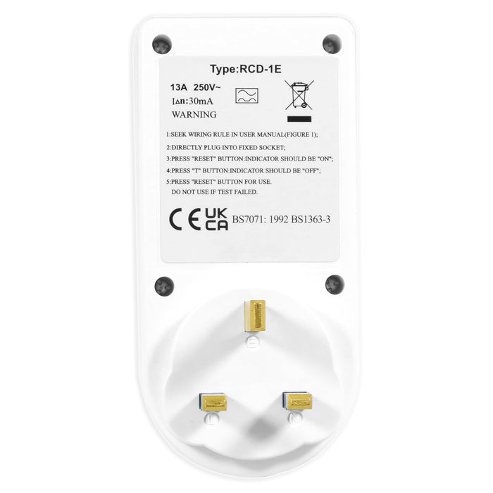 RCD Safety Plug Single Socket Circuit Breaker Electrical Power Trip Switch Adaptor (13A, 230-240V 50Hz, UK 3-Pin)