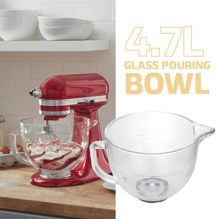 4.7L Glass Mixing bowl Jug for KitchenAid Stand Mixers K40 5KSM5GB Spout 5qt + Plastic Seal Cover