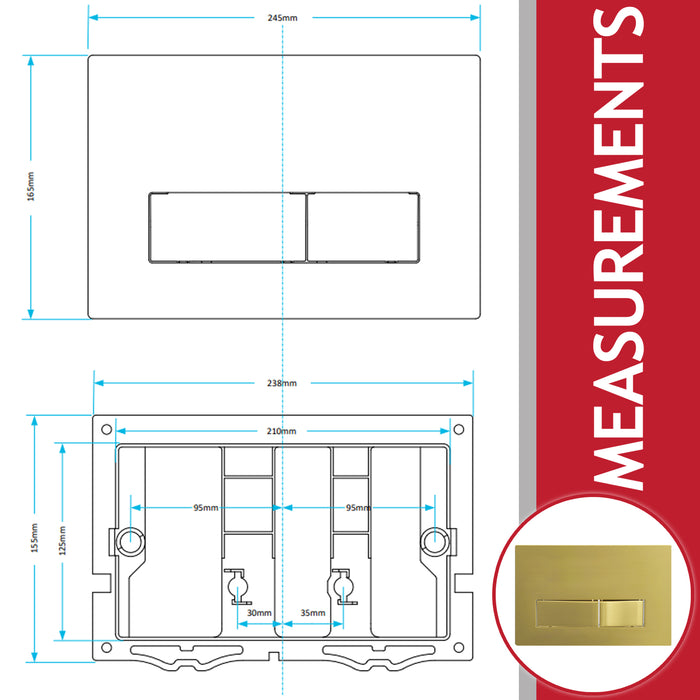 Luxury Concealed Toilet Cistern Flush Plate Kit for Skylo Wall Hung Frame (Brushed Brass, 245mm x 165mm)