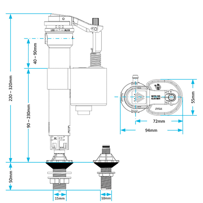 Toilet Cistern Fill Valve Universal Dual Height Adjustable 4-in-1 Water Float Kit (Bottom or Side Entry)