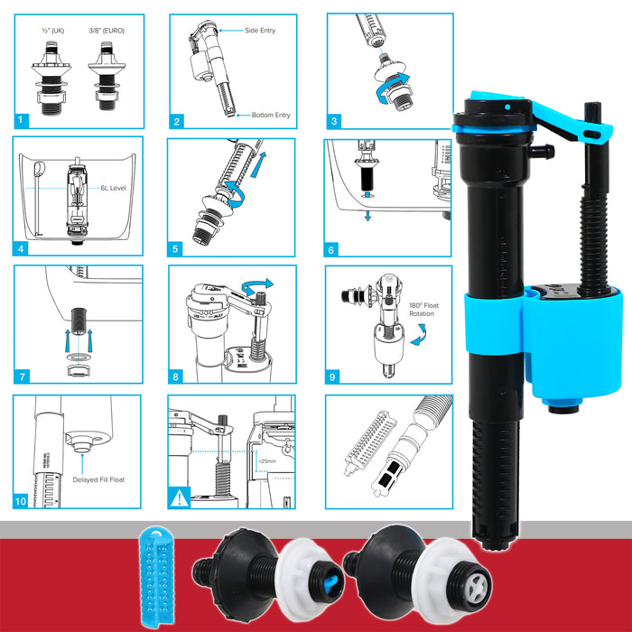 Toilet Cistern Fill Valve Universal Dual Height Adjustable 4-in-1 Water Float Kit (Bottom or Side Entry)