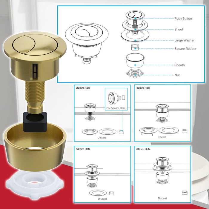 Universal Toilet Cistern Dual Flush Push Button Kit for 20mm 40mm 50mm 60mm Lid Hole (Brushed Brass)