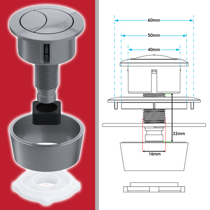 Universal Toilet Cistern Dual Flush Push Button Kit for 20mm 40mm 50mm 60mm Lid Hole (Brushed Nickel)