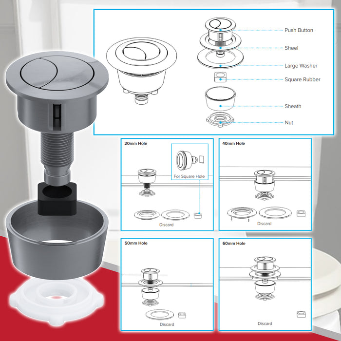 Universal Toilet Cistern Dual Flush Push Button Kit for 20mm 40mm 50mm 60mm Lid Hole (Brushed Nickel)