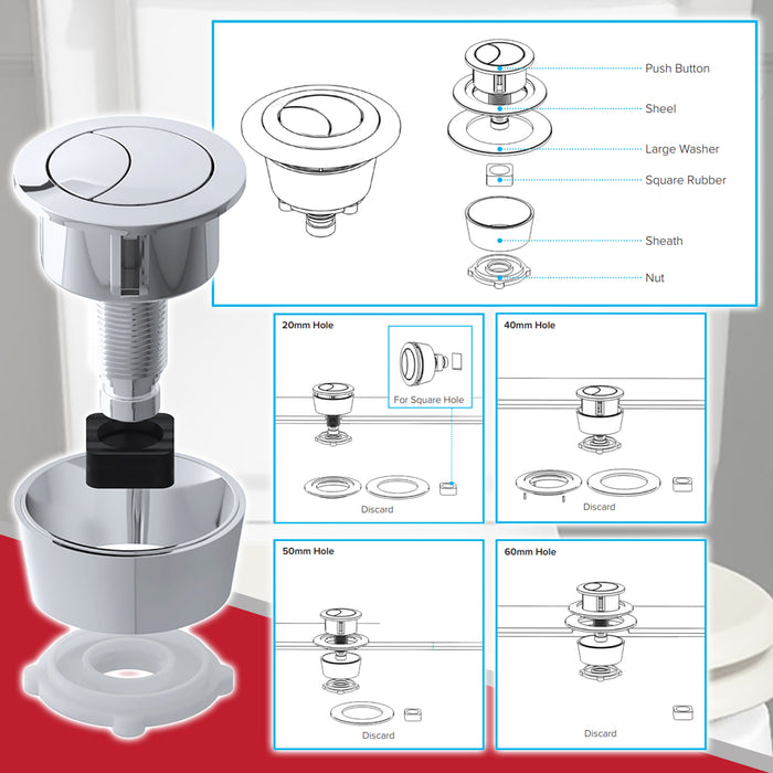 Universal Toilet Cistern Dual Flush Push Button Kit for 20mm 40mm 50mm 60mm Lid Hole (Chrome Silver)