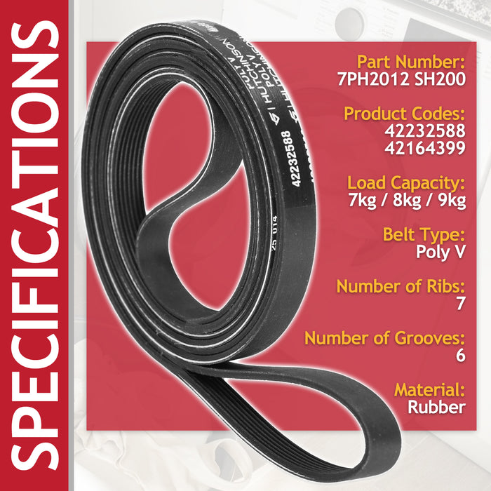 Poly-V Drive Belt for Bush BCGBTD8HP TD7CNBCW Tumble Dryer (7PH2012 SH200, 42232588 / 42164399)
